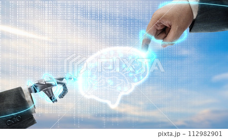 The robotic hand and business hand touch the virtual brain The robotic hand and business hand touch the virtual brain 112982901
