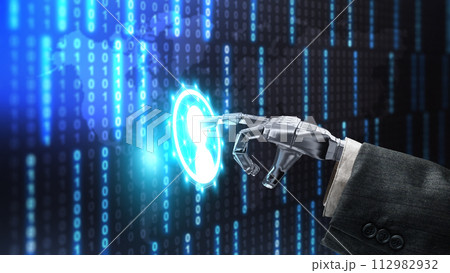 Business modern technology with Articial Intelligent with human finger touch binary code. Business modern technology with Articial Intelligent with human finger touch binary code. 112982932