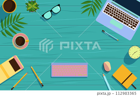 Office Supplies on Work Table with Copy Space on Green Wooden Background 112983365