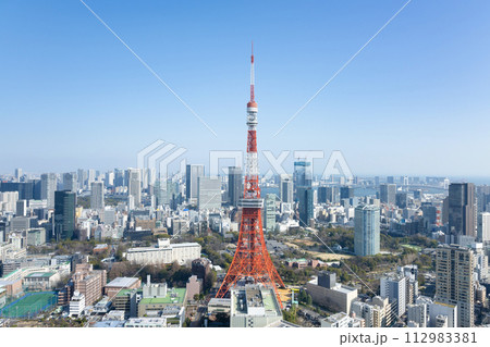 東京都港区　麻布台ヒルズ無料展望台から見た都市風景(東京タワー) 112983381