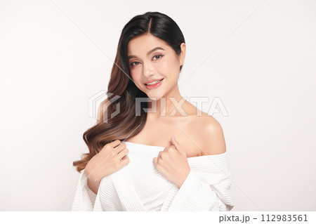 Beautiful young asian woman with clean fresh skin on white background, Face care, Facial treatment, Cosmetology, beauty and spa, Asian women portrait. 112983561