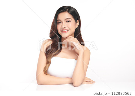 Beautiful young asian woman with clean fresh skin on white background, Face care, Facial treatment, Cosmetology, beauty and spa, Asian women portrait. 112983563
