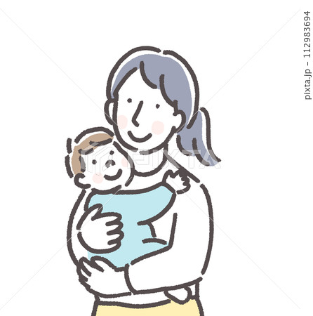 赤ちゃんを抱っこする若い母親のイラスト 赤ちゃんを抱っこする若い母親のイラスト 112983694
