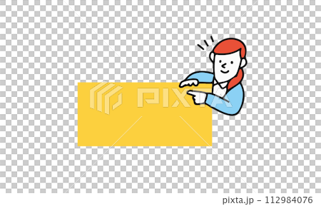 Woman guiding people to press a button Woman pointing at a board 112984076