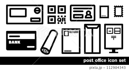 郵便局の手続きで必要なものアイコンセット。 シンプルな線画のデザイン。 郵便局の手続きで必要なものアイコンセット。 シンプルな線画のデザイン。 112984343