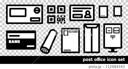 郵便局の手続きで必要なものアイコンセット。 シンプルな線画のデザイン。 郵便局の手続きで必要なものアイコンセット。 シンプルな線画のデザイン。 112984343