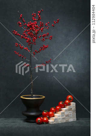 A branch of ilex red with berries and tomatoes A branch of ilex red with berries and tomatoes 112984404