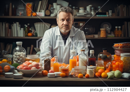 AI-generated content. Serious chef surrounded by homemade remedies AI-generated content. Serious chef surrounded by homemade remedies 112984427