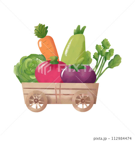Mixed vegetables on wooden cart. Mixed vegetables on wooden cart. 112984474