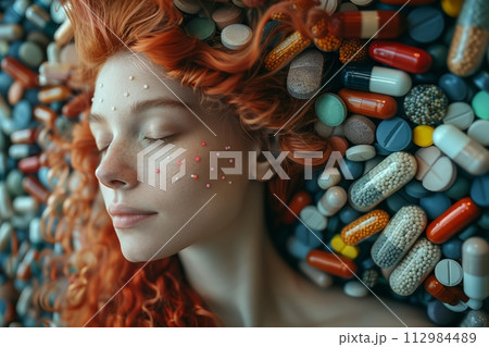 AI-generated content. Redhead covered with assorted pharmaceutical pills 112984489