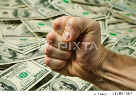 AI-generated content. Fist clutching money, concept of greed 112984564