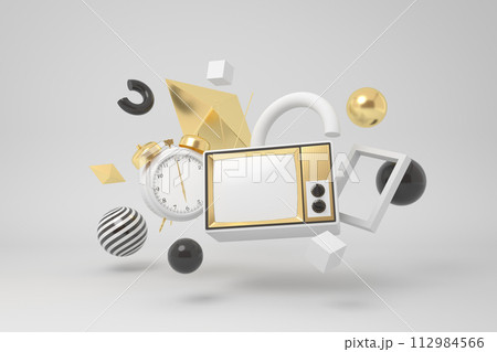 Vintage TV among floating shapes in space 112984566