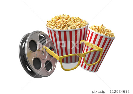 Popcorn with film reel and 3D glasses Popcorn with film reel and 3D glasses 112984652
