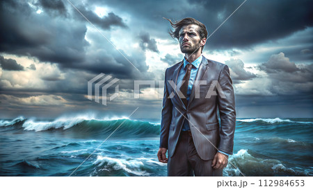 Young Businessman and the Rough Sea. generative AI illustration 112984653