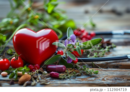 AI-generated content. Heart-shaped object among herbs and pills AI-generated content. Heart-shaped object among herbs and pills 112984719