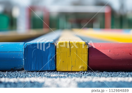 AI-generated content. Vibrant start blocks on an athletic track 112984889