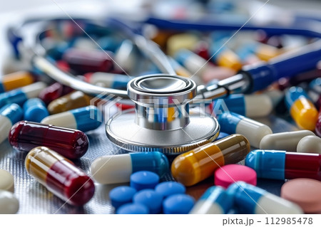 AI-generated content. Stethoscope and medication close-up high angle 112985478