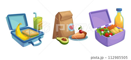 Lunch box with food for school snack vector icon 112985505