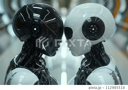 AI-generated content. Two robots facing each other in dialogue AI-generated content. Two robots facing each other in dialogue 112985518