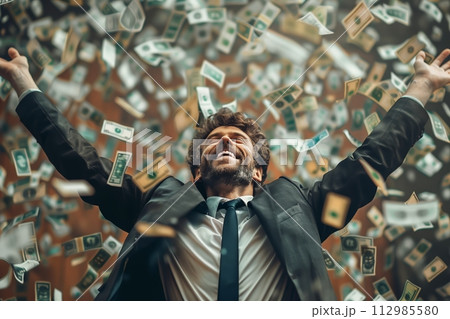 AI-generated content. Man in suit rejoicing among raining dollar bills AI-generated content. Man in suit rejoicing among raining dollar bills 112985580