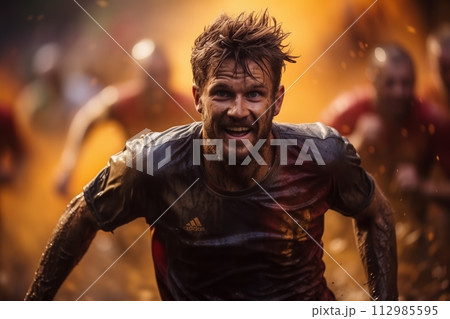AI-generated content. Mud-splattered athlete with fierce look 112985595