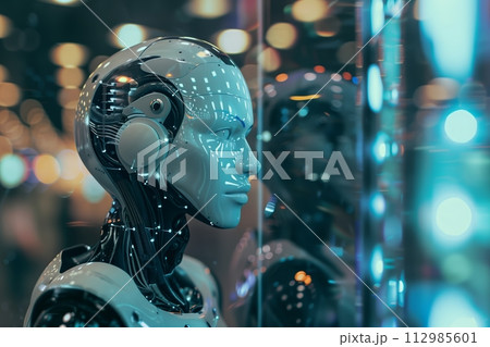 AI-generated content. Reflective robot head with intricate design AI-generated content. Reflective robot head with intricate design 112985601