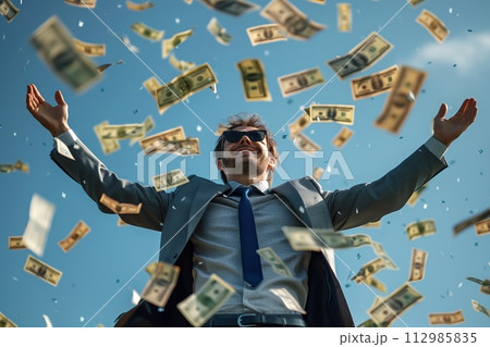 AI-generated content. Man celebrating under falling money rain AI-generated content. Man celebrating under falling money rain 112985835