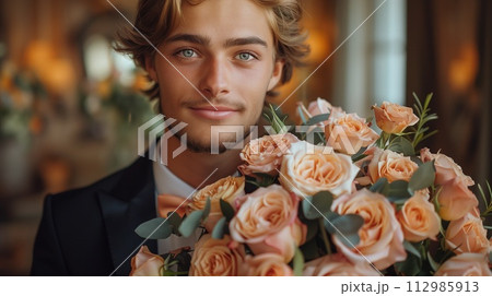 handsome man with a bouquet of roses 112985913