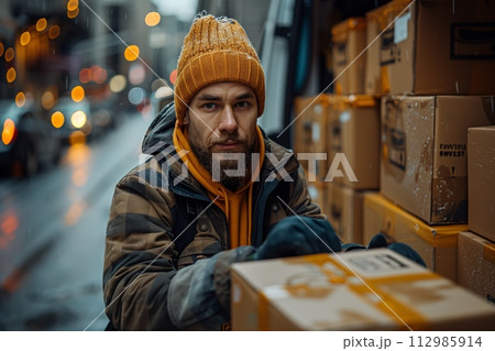 AI-generated content. Tired delivery man resting on boxes during dusk 112985914