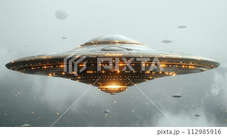 alien space saucer in fog 112985916