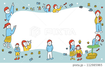 お金や投資について学ぶ若者・子供たちのタイトル用イラストフレーム お金や投資について学ぶ若者・子供たちのタイトル用イラストフレーム 112985965