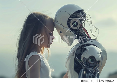 AI-generated content. Girl facing a humanoid robot in daylight AI-generated content. Girl facing a humanoid robot in daylight 112986002