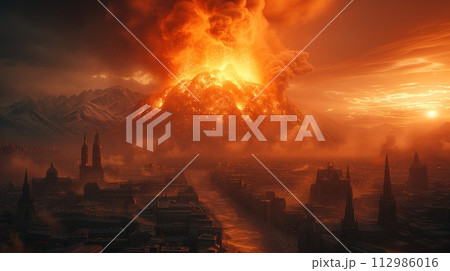 fiery volcano eruption landscape 112986016
