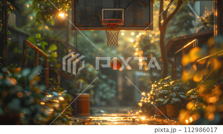 basketball ball in a net close up on the street 112986017