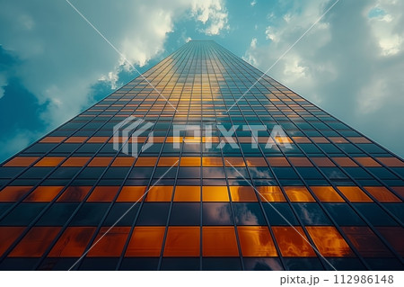 AI-generated content. Worm's-eye view of skyscraper with sunset 112986148