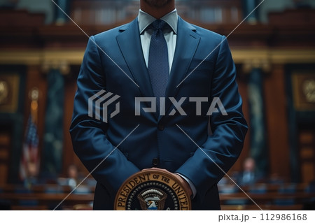 AI-generated content. Portrait of a president at the podium 112986168
