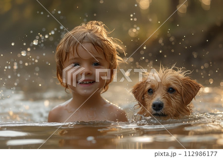 AI-generated content. Toddler and dog enjoying water play 112986177