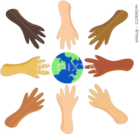 Multi ethnic group holding hands to earth. Unity, support and collaboration concept 112986244