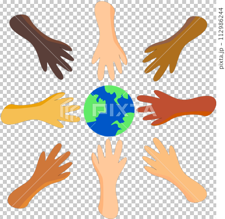 Multi ethnic group holding hands to earth. Unity, support and collaboration concept 112986244