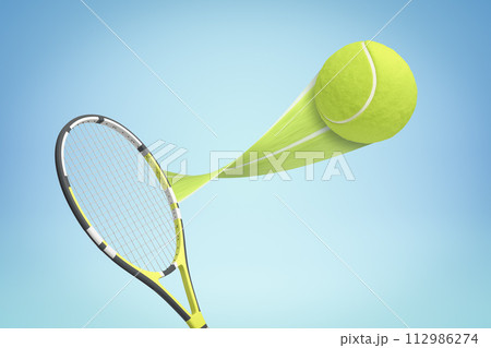3d rendering of tennis racket and yellow tennis ball with trail on blue background 3d rendering of tennis racket and yellow tennis ball with trail on blue background 112986274