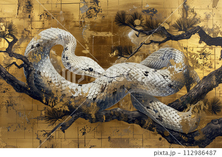 金色の背景に白蛇のイラスト「AI生成画像」のイラスト素材 [112986487