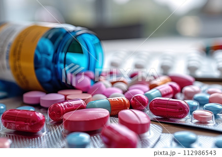 AI-generated content. Spilled pills from a prescription bottle AI-generated content. Spilled pills from a prescription bottle 112986543