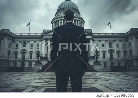 AI-generated content. Solitary figure standing before grand building facade 112986559