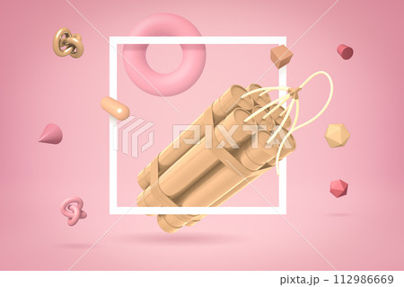 3d close-up rendering of golden orange dynamite bundle floating through white frame 112986669
