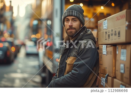 AI-generated content. Smiling delivery man with parcels in urban setting 112986698