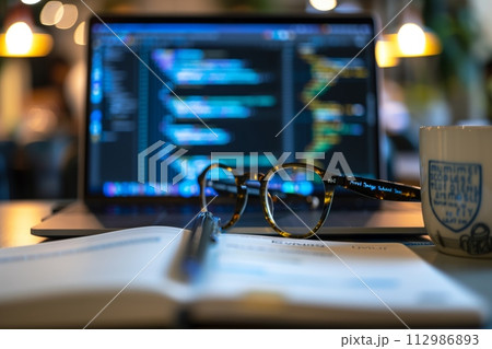 AI-generated content. Eyeglasses on notepad with coding background 112986893