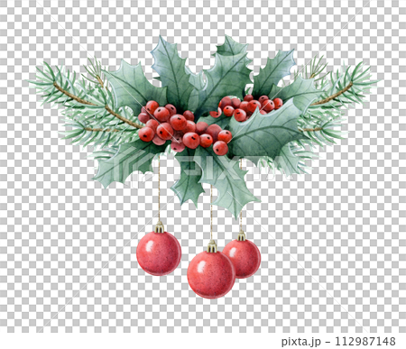 Christmas tree branches, holly red berries and hanging balls ornament watercolor illustration isolated on white. Winter holiday season symbol for greeting banner, card or New year party invitation 112987148