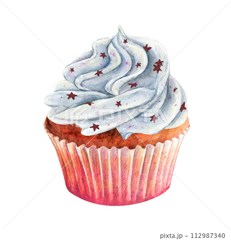Cupcake muffin cream watercolor drawing vanilla star. Cake sweets tasty dessert illustration. Birthday party pastry aquarelle isolated white background. Delicious whipped butter cream confectionery Cupcake muffin cream watercolor drawing vanilla star. Cake sweets tasty dessert illustration. Birthday party pastry aquarelle isolated white background. Delicious whipped butter cream confectionery 112987340
