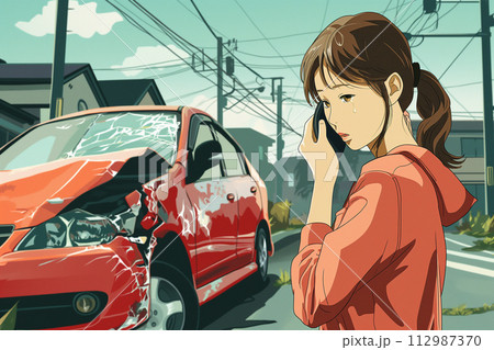 事故を起こした自動車の前でスマホで電話する若い女性 事故を起こした自動車の前でスマホで電話する若い女性 112987370