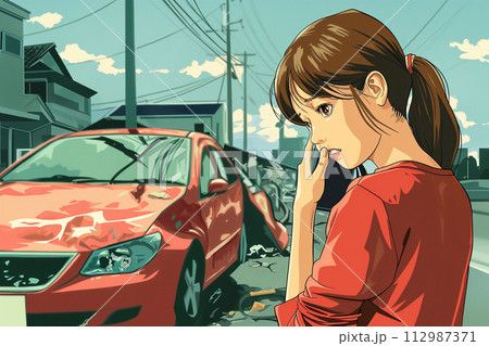 事故を起こした自動車の前でスマホで電話する若い女性 112987371